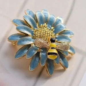 Charming Blue and Gold Floral Brooch with Bee
